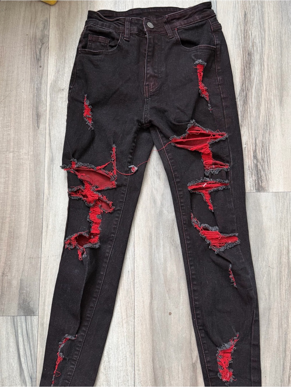 Black Scene Skinny Ripped Jeans with Red Underlay